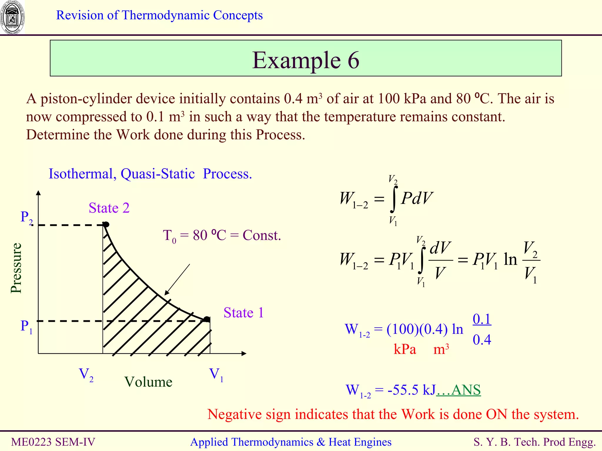 ME0223 SEM-IV Applied Thermodynamics & Heat Engines Example 6 A piston-cylinder device initially contains 0.4 m 3  of air at 100 kPa and 80 ⁰C. The air is now compressed to 0.1 m 3  in such a way that the temperature remains constant. Determine the Work done during this Process. Isothermal, Quasi-Static  Process. W 1-2  = -55.5 kJ …ANS Negative sign indicates that the Work is done ON the system. Pressure T 0  = 80 ⁰C = Const. Volume State 2 State 1 P 1 P 2 V 2 V 1 W 1-2  = (100)(0.4) ln 0.4 0.1 kPa m 3 