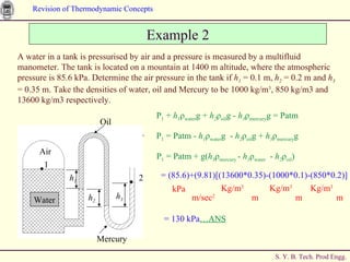 Example 2 A water in a tank is pressurised by air and a pressure is measured by a multifluid manometer. The tank is located on a mountain at 1400 m altitude, where the atmospheric pressure is 85.6 kPa. Determine the air pressure in the tank if  h 1  = 0.1 m,  h 2  = 0.2 m and  h 3  = 0.35 m. Take the densities of water, oil and Mercury to be 1000 kg/m 3 , 850 kg/m3 and 13600 kg/m3 respectively. P 1  +  h 1 ρ water g +  h 2 ρ oil g -  h 3 ρ mercury g = Patm  P 1  = Patm + g( h 3 ρ mercury  -  h 1 ρ water   -  h 2 ρ oil )  = 130 kPa …ANS P 1  = Patm -  h 1 ρ water g  -  h 2 ρ oil g +  h 3 ρ mercury g  = (85.6)+(9.81)[(13600*0.35)-(1000*0.1)-(850*0.2)] kPa Kg/m 3 m/sec 2 m Kg/m 3 m Kg/m 3 m Oil Air Water h 1 h 2 h 3 1 2 Mercury 