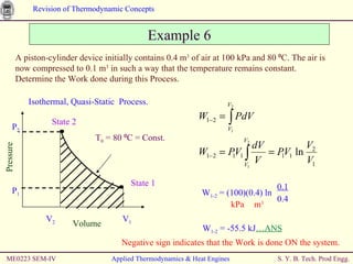 ME0223 SEM-IV Applied Thermodynamics & Heat Engines Example 6 A piston-cylinder device initially contains 0.4 m 3  of air at 100 kPa and 80 ⁰C. The air is now compressed to 0.1 m 3  in such a way that the temperature remains constant. Determine the Work done during this Process. Isothermal, Quasi-Static  Process. W 1-2  = -55.5 kJ …ANS Negative sign indicates that the Work is done ON the system. Pressure T 0  = 80 ⁰C = Const. Volume State 2 State 1 P 1 P 2 V 2 V 1 W 1-2  = (100)(0.4) ln 0.4 0.1 kPa m 3 