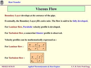 Heat Transfer


                                   Viscous Flow
  Boundary Layer develops at the entrance of the pipe.

  Eventually, the Boundary Layer fills entire tube. The flow is said to be fully developed.

  For Laminar flow, Parabolic velocity profile is developed.

  For Turbulent flow, a somewhat blunter profile is observed.

  Velocity profiles can be mathematically expressed as :

                           u       y       y
  For Laminar flow :                 2
                           um      r       r
                                          1

  For Turbulent flow :        u       y   7

                              um      r
ME0223 SEM-IV             Applied Thermodynamics & Heat Engines          S. Y. B. Tech. Prod Engg.
 