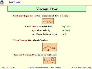 Heat Transfer


                                  Viscous Flow
          Continuity Equation for One-dimensional flow in a tube ;

                                          m       um A
                      where, m = Mass Flow Rate                   (kg / sec);
                              um = Mean Velocity                  (m / sec);
                              A = Cross-Sectional Area            (m2).

           Mean Velocity, G can be defined as;

                                            m
                                          G              um
                                            A
           Reynolds Number, Re can also be written as;
                                                   Gd
                                           Re d

ME0223 SEM-IV             Applied Thermodynamics & Heat Engines                 S. Y. B. Tech. Prod Engg.
 