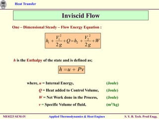 Heat Transfer


                                       Inviscid Flow
     One – Dimensional Steady – Flow Energy Equation :

                                   2                  2
                                V1                 V2
                          h1       Q h2               W
                                2g                 2g


     h is the Enthalpy of the state and is defined as;

                                  h u         Pv

                where, u = Internal Energy,                         (Joule)
                      Q = Heat added to Control Volume,             (Joule)
                      W = Net Work done in the Process,             (Joule)
                      v = Specific Volume of fluid,                 (m3/kg)

ME0223 SEM-IV               Applied Thermodynamics & Heat Engines             S. Y. B. Tech. Prod Engg.
 