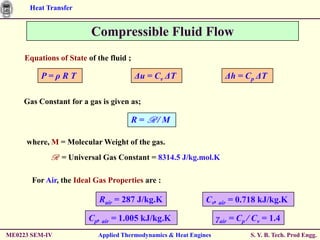 Heat Transfer


                         Compressible Fluid Flow
     Equations of State of the fluid ;

          P=ρRT                          Δu = Cv ΔT                  Δh = Cp ΔT

     Gas Constant for a gas is given as;

                                     R=R /M

     where, M = Molecular Weight of the gas.
             R = Universal Gas Constant = 8314.5 J/kg.mol.K

       For Air, the Ideal Gas Properties are :

                            Rair = 287 J/kg.K                 Cv, air = 0.718 kJ/kg.K

                        Cp, air = 1.005 kJ/kg.K                    γair = Cp / Cv = 1.4
ME0223 SEM-IV              Applied Thermodynamics & Heat Engines             S. Y. B. Tech. Prod Engg.
 