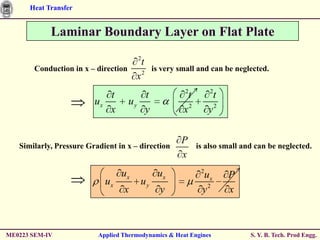 Heat Transfer


            Laminar Boundary Layer on Flat Plate
                                          2
                                              t
       Conduction in x – direction            2
                                                      is very small and can be neglected.
                                        x
                                                                2            2
                               t                  t                 t            t
                         ux          uy
                               x                  y            x2            y2

                                                              P
   Similarly, Pressure Gradient in x – direction                        is also small and can be neglected.
                                                              x
                                                                         2
                                   ux                  ux                ux          P
                              ux          uy
                                   x                    y                y2          x



ME0223 SEM-IV             Applied Thermodynamics & Heat Engines                          S. Y. B. Tech. Prod Engg.
 