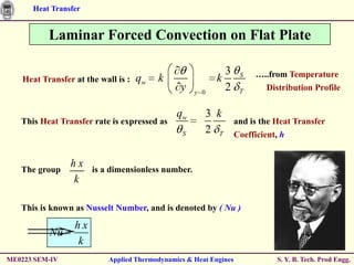Heat Transfer


           Laminar Forced Convection on Flat Plate

                                                              3      S   …..from Temperature
    Heat Transfer at the wall is :   qw   k                 k
                                                 y   y 0
                                                              2      T     Distribution Profile

                                                qw      3 k
   This Heat Transfer rate is expressed as                          and is the Heat Transfer
                                                 S      2 T         Coefficient, h


   The group
                 hx    is a dimensionless number.
                 k

   This is known as Nusselt Number, and is denoted by ( Nu )

                  hx
           Nu
                  k
ME0223 SEM-IV               Applied Thermodynamics & Heat Engines              S. Y. B. Tech. Prod Engg.
 