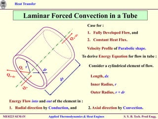 Heat Transfer


           Laminar Forced Convection in a Tube
                                                   Case for :
                                                   1. Fully Developed Flow, and
                                                   2. Constant Heat Flux.

                                                   Velocity Profile of Parabolic shape.

                                                To derive Energy Equation for flow in tube :

                                                    Consider a cylindrical element of flow.

                                                     Length, dx

                                                     Inner Radius, r

                                                     Outer Radius, r + dr

   Energy Flow into and out of the element in :
   1. Radial direction by Conduction, and           2. Axial direction by Convection.

ME0223 SEM-IV             Applied Thermodynamics & Heat Engines          S. Y. B. Tech. Prod Engg.
 