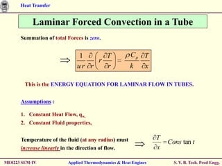 Heat Transfer


           Laminar Forced Convection in a Tube
      Summation of total Forces is zero.


                              1      T                 Cp T
                                   r
                              ur r   r                 k  x

        This is the ENERGY EQUATION FOR LAMINAR FLOW IN TUBES.


      Assumptions :

      1. Constant Heat Flow, qw,
      2. Constant Fluid properties,


      Temperature of the fluid (at any radius) must               T
                                                                      Cons tan t
      increase linearly in the direction of flow.                 x

ME0223 SEM-IV             Applied Thermodynamics & Heat Engines         S. Y. B. Tech. Prod Engg.
 