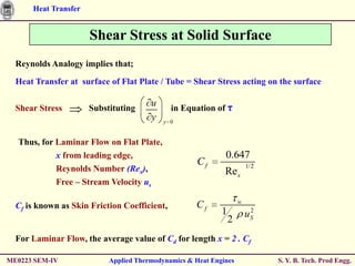 Heat Transfer


                      Shear Stress at Solid Surface
  Reynolds Analogy implies that;

  Heat Transfer at surface of Flat Plate / Tube = Shear Stress acting on the surface


  Shear Stress        Substituting
                                        u     in Equation of η
                                        y   y 0


  Thus, for Laminar Flow on Flat Plate,
            x from leading edge,                             0.647
                                                     Cf                 1/2
            Reynolds Number (Rex),                           Re x
            Free – Stream Velocity us

                                                                    w
  Cf is known as Skin Friction Coefficient,         Cf
                                                            1            2
                                                                        uS
                                                                2
  For Laminar Flow, the average value of Cd for length x = 2 . Cf

ME0223 SEM-IV              Applied Thermodynamics & Heat Engines              S. Y. B. Tech. Prod Engg.
 