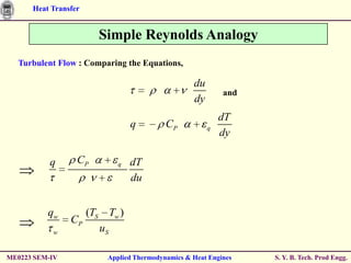 Heat Transfer


                       Simple Reynolds Analogy
  Turbulent Flow : Comparing the Equations,

                                                 du
                                                          and
                                                 dy
                                                          dT
                               q         CP           q
                                                          dy

           q      CP       q   dT
                               du


          qw       (TS Tw )
                CP
           w          uS

ME0223 SEM-IV           Applied Thermodynamics & Heat Engines   S. Y. B. Tech. Prod Engg.
 