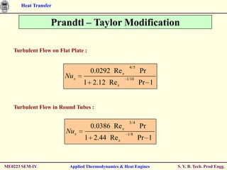 Heat Transfer


                  Prandtl – Taylor Modification

   Turbulent Flow on Flat Plate :

                                                    4/5
                                    0.0292 Re x           Pr
                       Nu x                        1/10
                               1 2.12 Re x                Pr 1


   Turbulent Flow in Round Tubes :

                                                    3/4
                                    0.0386 Re x           Pr
                        Nux                        1/8
                               1 2.44 Re x                Pr 1


ME0223 SEM-IV            Applied Thermodynamics & Heat Engines   S. Y. B. Tech. Prod Engg.
 