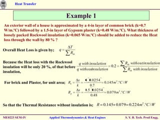Heat Transfer


                                      Example 1
An exterior wall of a house is approximated by a 4-in layer of common brick (k=0.7
W/m.ºC) followed by a 1.5-in layer of Gypsum plaster (k=0.48 W/m.ºC). What thickness of
loosely packed Rockwool insulation (k=0.065 W/m.ºC) should be added to reduce the Heat
loss through the wall by 80 % ?
                                        T
Overall Heat Loss is given by;   q
                                        Rth

Because the Heat loss with the Rockwool       q with insulation              Rth without insulation
insulation will be only 20 %, of that before                     0.2
                                             q withoutinsulation               Rth with insulation
insulation,

                                               x   4 0.0254
For brick and Plaster, for unit area; Rb                      0.145 m 2 . C / W
                                              k       0.7
                                               x   1.5 0.0254
                                       Rp                       0.079 m 2 . C / W
                                              k       0.48

                                                                           2
So that the Thermal Resistance without insulation is; R 0.145 0.079 0.224 m . C / W


ME0223 SEM-IV              Applied Thermodynamics & Heat Engines             S. Y. B. Tech. Prod Engg.
 