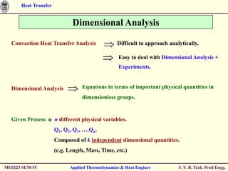 Heat Transfer


                             Dimensional Analysis

  Convection Heat Transfer Analysis              Difficult to approach analytically.

                                                  Easy to deal with Dimensional Analysis +
                                                  Experiments.


  Dimensional Analysis           Equations in terms of important physical quantities in
                                 dimensionless groups.


  Given Process α n different physical variables.
                      Q1, Q2, Q3, ….Qn.
                      Composed of k independent dimensional quantities.
                      (e.g. Length, Mass, Time, etc.)

ME0223 SEM-IV               Applied Thermodynamics & Heat Engines          S. Y. B. Tech. Prod Engg.
 