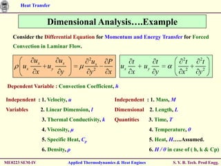 Heat Transfer


                   Dimensional Analysis….Example
   Consider the Differential Equation for Momentum and Energy Transfer for Forced
   Convection in Laminar Flow.

                                        2                                               2        2
            ux           ux             ux       P          t           t                   t        t
       ux          uy                                  ux         uy
            x            y              y2       x          x           y              x2        y2
 Dependent Variable : Convection Coefficient, h

Independent : 1. Velocity, u                         Independent : 1. Mass, M
Variables        2. Linear Dimension, l              Dimensional 2. Length, L
                 3. Thermal Conductivity, k          Quantities       3. Time, T
                 4. Viscosity, μ                                      4. Temperature, θ
                 5. Specific Heat, Cp                                 5. Heat, H…..Assumed.
                 6. Density, ρ                                        6. H / θ in case of ( h, k & Cp)

ME0223 SEM-IV                 Applied Thermodynamics & Heat Engines                S. Y. B. Tech. Prod Engg.
 