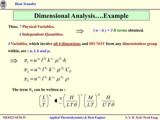 Heat Transfer


                    Dimensional Analysis….Example
  Thus; 7 Physical Variables.
                                                             ( n – k ) = 3 π terms obtained.
         4 Independent Quantities.

  4 Variables, which involve all 4 dimensions and DO NOT form any dimensionless group
  within, are : u, l, k and μ.

                1   u a1 l b1 k c1       d1
                                              h
                2   u a2 l b2 k c2        d2
                                               CP
                3   u a3 l b3 k c3        d3



     The term π1 can be written as :
                              a1                       c1        d1
                         L               b1        H        M           H
                                     L
                         T                        LT        LT        L2 T

ME0223 SEM-IV                 Applied Thermodynamics & Heat Engines             S. Y. B. Tech. Prod Engg.
 