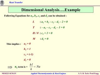 Heat Transfer


                     Dimensional Analysis….Example
  Following Equations for a1, b1, c1 and d1 can be obtained :

                                 L      : a1 + b1 – c1 – d1 – 2 = 0

                                 T      : – a1 – c1 – d1 – 1 = 0

                                 H / θ : c1 + 1 = 0

                                 M      : d1 = 0
    This implies :    a1 = 0
                      b1 = 1
                      c1 = (-1)
                      d1 = 0
                           hl
            π1 term is =             Nu
                           k
ME0223 SEM-IV                  Applied Thermodynamics & Heat Engines   S. Y. B. Tech. Prod Engg.
 