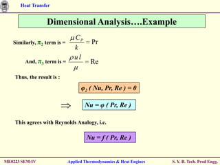 Heat Transfer


                  Dimensional Analysis….Example
                                CP
   Similarly, π2 term is =              Pr
                                k
                                ul
        And, π3 term is =              Re

    Thus, the result is :

                                   φ2 ( Nu, Pr, Re ) = 0

                                     Nu = φ ( Pr, Re )

    This agrees with Reynolds Analogy, i.e.

                                      Nu = f ( Pr, Re )


ME0223 SEM-IV                Applied Thermodynamics & Heat Engines   S. Y. B. Tech. Prod Engg.
 