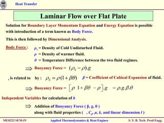 Heat Transfer


                          Laminar Flow over Flat Plate
  Solution for Boundary Layer Momentum Equation and Energy Equation is possible
  with introduction of a term known as Body Force.
  This is then followed by Dimensional Analysis.
  Body Force :         ρs = Density of Cold Undisturbed Fluid.
                       ρ = Density of warmer fluid.
                       θ = Temperature Difference between the two fluid regimes.
                       Buoyancy Force =       (   S        ).g

   s   is related to   by :    S         (1       )       β = Coefficient of Cubical Expansion of fluid.

                       Buoyancy Force =               1               .g       .g . .
Independent Variables for calculation of h

                       Addition of Buoyancy Force ( β, g, θ )
                       along with fluid properties ( , Cp, μ, k, and linear dimension l )
ME0223 SEM-IV                      Applied Thermodynamics & Heat Engines            S. Y. B. Tech. Prod Engg.
 