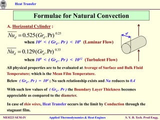 Heat Transfer


                 Formulae for Natural Convection
  A. Horizontal Cylinder :

  Nud      0.525(Grd .Pr) 0.25
            when 104 < ( Grd . Pr ) < 109 (Laminar Flow)

  Nud     0.129(Grd .Pr) 0.33
            when 109 < ( Grd . Pr ) < 1012 (Turbulent Flow)
  All physical properties are to be evaluated at Average of Surface and Bulk Fluid
  Temperature; which is the Mean Film Temperature.
  Below ( Grd . Pr ) = 104 ; No such relationship exists and Nu reduces to 0.4

  With such low values of ( Grd . Pr ) the Boundary Layer Thickness becomes
  appreciable as compared to the diameter.

  In case of thin wires, Heat Transfer occurs in the limit by Conduction through the
  stagnant film.
ME0223 SEM-IV              Applied Thermodynamics & Heat Engines        S. Y. B. Tech. Prod Engg.
 