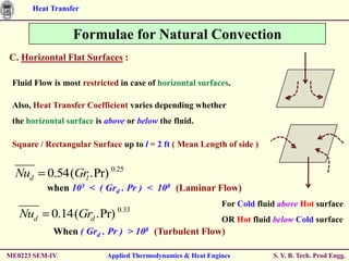 Heat Transfer


                  Formulae for Natural Convection
C. Horizontal Flat Surfaces :

 Fluid Flow is most restricted in case of horizontal surfaces.

 Also, Heat Transfer Coefficient varies depending whether
 the horizontal surface is above or below the fluid.

 Square / Rectangular Surface up to l = 2 ft ( Mean Length of side )


  Nud     0.54(Grl .Pr) 0.25
          when 105 < ( Grd . Pr ) < 108 (Laminar Flow)
                                                             For Cold fluid above Hot surface
                              0.33
   Nud      0.14(Grd .Pr)                                    OR Hot fluid below Cold surface
            When ( Grd . Pr ) > 108 (Turbulent Flow)

ME0223 SEM-IV              Applied Thermodynamics & Heat Engines          S. Y. B. Tech. Prod Engg.
 