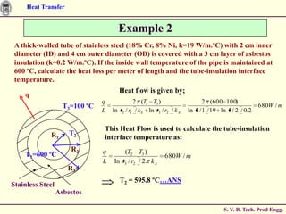 Heat Transfer


                                      Example 2
 A thick-walled tube of stainless steel (18% Cr, 8% Ni, k=19 W/m.ºC) with 2 cm inner
 diameter (ID) and 4 cm outer diameter (OD) is covered with a 3 cm layer of asbestos
 insulation (k=0.2 W/m.ºC). If the inside wall temperature of the pipe is maintained at
 600 ºC, calculate the heat loss per meter of length and the tube-insulation interface
 temperature.
                                       Heat flow is given by;
    q
                                q             2 (T1 T3 )                      2 (600 100)
                    T3=100 ºC                                                                         680W / m
                                L   ln r2 / r1 / kS ln r3 / r2 / k A   ln 2 / 1 / 19 ln 5 / 2 / 0.2

                                This Heat Flow is used to calculate the tube-insulation
             R1       T2
                                interface temperature as;
                      R2        q       (T2 T3 )
    T1=600 ºC                                               680W / m
                                L   ln r3 / r2 / 2 k A
                     R3
                                       T2 = 595.8 ºC…ANS
Stainless Steel
                  Asbestos

                                                                                      S. Y. B. Tech. Prod Engg.
 