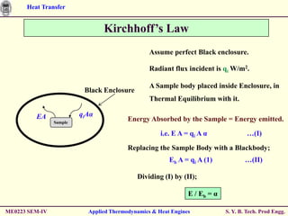 Heat Transfer


                                Kirchhoff’s Law
                                                 Assume perfect Black enclosure.

                                                 Radiant flux incident is qi W/m2.

                                                 A Sample body placed inside Enclosure, in
                          Black Enclosure
                                                 Thermal Equilibrium with it.

         EA              qiAα
                Sample
                                         Energy Absorbed by the Sample = Energy emitted.

                                                     i.e. E A = qi A α              …(I)

                                         Replacing the Sample Body with a Blackbody;
                                                        Eb A = qi A (1)             …(II)

                                            Dividing (I) by (II);

                                                               E / Eb = α

ME0223 SEM-IV              Applied Thermodynamics & Heat Engines            S. Y. B. Tech. Prod Engg.
 