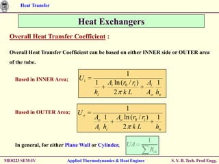 Heat Transfer


                               Heat Exchangers
  Overall Heat Transfer Coefficient :

  Overall Heat Transfer Coefficient can be based on either INNER side or OUTER area
  of the tube.

                                                       1
    Based in INNER Area;        Ui
                                       1       Ai ln (r0 / ri )   Ai 1
                                       hi         2 kL            Ao ho

                                                       1
    Based in OUTER Area;       Uo
                                       Ao 1        Ao ln (r0 / ri )   1
                                       Ai hi         2 kL             ho
                                                                  1
    In general, for either Plane Wall or Cylinder,      UA
                                                                   Rth
ME0223 SEM-IV             Applied Thermodynamics & Heat Engines            S. Y. B. Tech. Prod Engg.
 