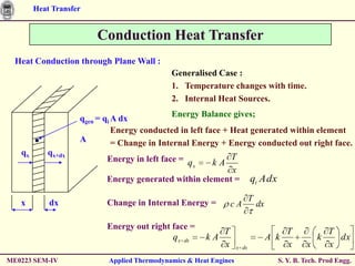 Heat Transfer


                        Conduction Heat Transfer
  Heat Conduction through Plane Wall :
                                             Generalised Case :
                                             1. Temperature changes with time.
                                             2. Internal Heat Sources.
                                              Energy Balance gives;
                    qgen = qi A dx
                              Energy conducted in left face + Heat generated within element
                    A         = Change in Internal Energy + Energy conducted out right face.
   qx       qx+dx                                         T
                           Energy in left face = q       kA
                                                   x
                                                          x
                           Energy generated within element =              qi A dx
                                                                          T
   x        dx             Change in Internal Energy =           cA           dx

                           Energy out right face =
                                                             T                           T            T
                                            qx dx      kA                          A k            k     dx
                                                             x     x dx                  x    x       x
ME0223 SEM-IV              Applied Thermodynamics & Heat Engines                     S. Y. B. Tech. Prod Engg.
 