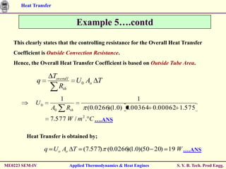 Heat Transfer


                                    Example 5….contd

   This clearly states that the controlling resistance for the Overall Heat Transfer
   Coefficient is Outside Convection Resistance.
   Hence, the Overall Heat Transfer Coefficient is based on Outside Tube Area.

                      Toverall
             q                      U 0 Ao T
                        Rth
                          1                               1
            U0
                   A0         Rth        (0.0266 1.0) 0.00364 0.00062 1.575
                                                )(
                  7.577 W / m 2 . C ….ANS

        Heat Transfer is obtained by;

                 q Uo Ao T             (7.577) (0.0266 1.0)(50 20) 19 W ….ANS
                                                      )(

ME0223 SEM-IV                    Applied Thermodynamics & Heat Engines   S. Y. B. Tech. Prod Engg.
 