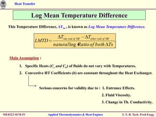 Heat Transfer


                Log Mean Temperature Difference
  This Temperature Difference, ΔTm , is known as Log Mean Temperature Difference.

                                   Tone end of HE    Tother end of HE
                  LMTD
                              natural log Ratio of both Ts

   Main Assumption :

         1. Specific Heats (Cc and Ch) of fluids do not vary with Temperatures.
         2. Convective HT Coefficients (h) are constant throughout the Heat Exchanger.


                      Serious concerns for validity due to : 1. Entrance Effects.
                                                               2. Fluid Viscosity.
                                                               3. Change in Th. Conductivity.


ME0223 SEM-IV              Applied Thermodynamics & Heat Engines            S. Y. B. Tech. Prod Engg.
 