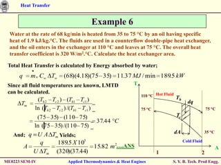 Heat Transfer


                                          Example 6
  Water at the rate of 68 kg/min is heated from 35 to 75 °C by an oil having specific
  heat of 1.9 kJ/kg.°C. The fluids are used in a counterflow double-pipe heat exchanger,
  and the oil enters in the exchanger at 110 °C and leaves at 75 °C. The overall heat
  transfer coefficient is 320 W/m2.°C. Calculate the heat exchanger area.

 Total Heat Transfer is calculated by Energy absorbed by water;
      q    m w Cw Tw      (68)(4.18)(75 35) 11.37 MJ / min 189.5 kW
 Since all fluid temperatures are known, LMTD             T
 can be calculated.
                                                              110 °C Hot Fluid   Th
             (Th 2 Tc 2 ) (Th1 Tc1 )                                                    dq
      Tm
            ln (Th 2 Tc 2 ) /(Th1 Tc1 )                       75 °C                                75 °C

          (75 35) (110 75)                                                       Tc
                               37.44 C
         ln (75 35) /(110 75)
                                                                                 dA                35 °C
   And; q U A Tm Yields;
           q     189.5 X 103                                                          Cold Fluid
      A                       15.82 m2….ANS                                                                A
         U Tm (320)(37.44)                                            1                        2
ME0223 SEM-IV              Applied Thermodynamics & Heat Engines             S. Y. B. Tech. Prod Engg.
 