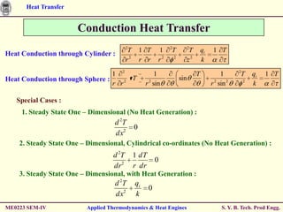 Heat Transfer


                      Conduction Heat Transfer
                                         2                    2             2
                                          T       1 T    1    T              T       qi    1 T
Heat Conduction through Cylinder :
                                         r2       r r    r2       2
                                                                            z2       k

                                 1 2                    1                        T             1      2
                                                                                                       T      qi   1 T
Heat Conduction through Sphere :      rT                              sin
                                 r r2              r 2 sin                                r 2 sin 2       2
                                                                                                              k

   Special Cases :
     1. Steady State One – Dimensional (No Heat Generation) :
                                   d 2T
                                              0
                                   dx2
    2. Steady State One – Dimensional, Cylindrical co-ordinates (No Heat Generation) :
                                  d 2T        1 dT
                                                         0
                                  dr 2        r dr
    3. Steady State One – Dimensional, with Heat Generation :
                                   d 2T       qi
                                                     0
                                   dx2        k
ME0223 SEM-IV            Applied Thermodynamics & Heat Engines                                 S. Y. B. Tech. Prod Engg.
 
