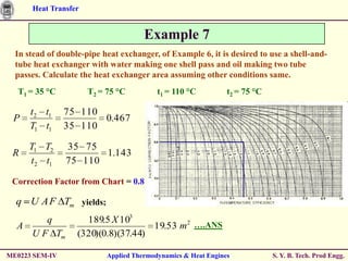 Heat Transfer


                                      Example 7
  In stead of double-pipe heat exchanger, of Example 6, it is desired to use a shell-and-
  tube heat exchanger with water making one shell pass and oil making two tube
  passes. Calculate the heat exchanger area assuming other conditions same.
  T1 = 35 °C          T2 = 75 °C          t1 = 110 °C          t2 = 75 °C

      t2 t1     75 110
 P                     0.467
      T1 t1     35 110

     T1 T2      35 75
 R                     1.143
     t2 t1      75 110

 Correction Factor from Chart = 0.8

  q U A F Tm yields;
       q             189.5 X 103
  A                                  19.53 m2 ….ANS
    U F Tm         (320)(0.8)(37.44)

ME0223 SEM-IV              Applied Thermodynamics & Heat Engines            S. Y. B. Tech. Prod Engg.
 