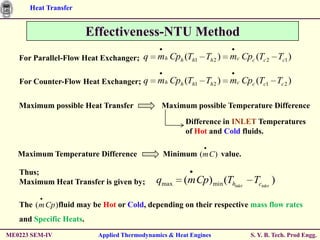 Heat Transfer


                         Effectiveness-NTU Method
   For Parallel-Flow Heat Exchanger; q       mh Cph (Th1 Th 2 )     mc Cpc (Tc 2 Tc1 )

   For Counter-Flow Heat Exchanger; q        mh Cph (Th1 Th 2 )     mc Cpc (Tc1 Tc 2 )

   Maximum possible Heat Transfer             Maximum possible Temperature Difference

                                                      Difference in INLET Temperatures
                                                      of Hot and Cold fluids.

   Maximum Temperature Difference              Minimum (m C ) value.

   Thus;
   Maximum Heat Transfer is given by;        qmax     (m Cp) min (Thinlet    Tcinlet )

   The ( m Cp )fluid may be Hot or Cold, depending on their respective mass flow rates
   and Specific Heats.
ME0223 SEM-IV             Applied Thermodynamics & Heat Engines             S. Y. B. Tech. Prod Engg.
 