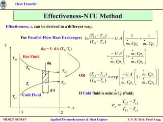 Heat Transfer


                        Effectiveness-NTU Method
 Effectiveness, ε, can be derived in a different way;

          For Parallel-Flow Heat Exchanger; ln (Th 2 Tc 2 )          UA
                                                                                    1            1
                                                    (Th1 Tc1 )                m h Cph         m c Cpc
T
                       dq = U dA (Th-Tc)
                                                                     UA             m c Cpc
    Th1    Hot Fluid                                                          1
                          dq                                       m c Cpc          m h Cph
              Th
                                  Th2
                                             OR     (Th 2 Tc 2 )              UA            m c Cpc
                                                                   exp                  1
                                  Tc2               (Th1 Tc1 )           m c Cpc            m h Cph
              Tc
                            dA
          Cold Fluid                         If Cold fluid is min ( m Cp ) fluid;
    Tc1
                                                                             Tc 2 Tc1
                                        A                            c
                                                                             Th1 Tc1
          1                       2
ME0223 SEM-IV              Applied Thermodynamics & Heat Engines                  S. Y. B. Tech. Prod Engg.
 