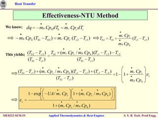 Heat Transfer


                         Effectiveness-NTU Method
 We know;       dq     m h Cph dTh        mc Cpc dTc
                                                                              mc Cpc
         mh Cph (Th1 Th 2 )          mc Cpc (Tc 2 Tc1 )          Th 2   Th1            (Tc1 Tc 2 )
                                                                              mh Cph

 This yields; (Th 2    Tc 2 )    Th1 (mc Cpc / m h Cph )(Tc1 Tc 2 ) Tc 2
                (Th1   Tc1 )                  (Th1 Tc1 )

        (Th1 Tc1 ) (m c Cpc / m h Cph )(Tc1 Tc 2 ) (Tc1 Tc 2 )                      m c Cpc
                                                               1                1                  c
                             (Th1 Tc1 )                                             m h Cph

                1 exp           UA / m c Cpc 1 (m c Cpc / m h Cph )
           c
                                  1 (m c Cpc / m h Cph )

ME0223 SEM-IV                   Applied Thermodynamics & Heat Engines           S. Y. B. Tech. Prod Engg.
 