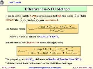 Heat Transfer


                            Effectiveness-NTU Method
   It can be shown that the SAME expression results if Hot fluid is min ( m Cp ) fluid;
   EXCEPT that (mc Cpc )and (mh Cp h ) are interchanged.

                                         1 exp     UA / Cmin 1 Cmin / Cmax
   In a General Form;         parallel
                                                   1 Cmin / Cmax

       where, C = (m C ) ; defined as CAPACITY RATE.

   Similar analysis for Counter-Flow Heat Exchanger yields;

                                 1 exp UA / Cmin 1 Cmin / Cmax
                  counter
                             1 (Cmin / Cmax ) exp UA / Cmin 1 Cmin / Cmax

   The group of terms, (UA/Cmin ) is known as Number of Transfer Units (NTU).
   This is so, since it is the indication of the size of the Heat Exchanger.
ME0223 SEM-IV                Applied Thermodynamics & Heat Engines             S. Y. B. Tech. Prod Engg.
 