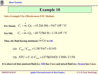 Heat Transfer


                                     Example 10
  Solve Example 9 by Effectiveness-NTU Method.


  For Steam;    Cs    m s Cps   (5.2)(1.86) 9.67 kW / C

  For Oil;      Co    mo Cpo    (0.725)(1.9) 1.38 kW / C

  Thus, the fluid having minimum ( m Cp ) is Oil.


                Cmin / Cmax 1.38/ 9.67 0.143

                NTU     U A / Cmin      (275)(10.82) / 1380 2.156

It is observed that unmixed fluid (i.e. Oil) has Cmin and mixed fluid (i.e. Steam) has Cmax.


ME0223 SEM-IV              Applied Thermodynamics & Heat Engines        S. Y. B. Tech. Prod Engg.
 
