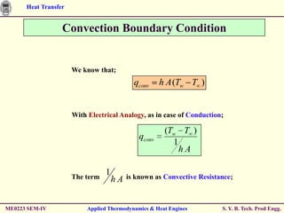 Heat Transfer


                  Convection Boundary Condition


                      We know that;
                                            qconv     h A (Tw T )


                      With Electrical Analogy, as in case of Conduction;

                                                       (Tw T )
                                              qconv
                                                         1
                                                           hA

                      The term
                                 1        is known as Convective Resistance;
                                     hA


ME0223 SEM-IV              Applied Thermodynamics & Heat Engines        S. Y. B. Tech. Prod Engg.
 