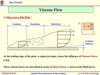Heat Transfer


                                      Viscous Flow
 A) Flow over a Flat Plate :

            Laminar          Transition           Turbulent               y
                                                                                        du
                                                                                        dy
                                                                     u∞                   x
                                                                     u

                            u∞                                                    Laminar
                                                                                  Sublayer
                        u



 At the leading edge of the plate, a region develops, where the influence of Viscous Forces
 is felt.

 These viscous forces are described in terms of Shear Stress, η, between the fluid layers.

ME0223 SEM-IV                Applied Thermodynamics & Heat Engines        S. Y. B. Tech. Prod Engg.
 