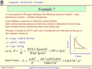 ME0223 SEM-IV Applied Thermodynamics & Heat Engines Example 7 A 1-gm quantity of Nitrogen undergoes the following sequence of quasi – static processes in a piston – cylinder arrangement. An adiabatic expansion in which the volume doubles. A constant-pressure process in which the volume is reduced to its initial value. A constant-volume compression back to the initial state. Nitrogen is initially at 150 °C and 5 atm. Calculate the net work done on the gas in  this sequence of process. P 1   =  5 atm = 5.066 X 10 5  N/m 2 T 1   =  150 °C = 423 K m  =  1 gm = 10 -3  kg Initial Volume : For N 2 ; Pressure Volume 1 2 3 