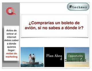 1
                Would you buy a plane ticket if
                  ¿Comprarías un boleto de
               you didnt know where you were
                avión, si no sabes a dónde ir?
  Antes de
Start with
   entrar al
                            going?
what you
 Start with
   internet
  know:
 debes saber
 what you
   a donde
where do
   know:
   quieres
you want
where you
    llegar:
tometas de
   go and
want to go
  marketing
 and why
  why
                          33
                          10
 