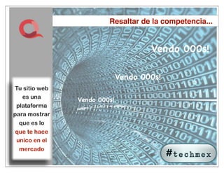 Resaltar de la competencia...


                                     Vendo 000s!

                             Vendo 000s!
Tu sitio web
   es una      Vendo 000s!
 plataforma
para mostrar
  que es lo
que te hace
unico en el
 mercado
                        18
 