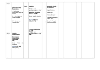 11h30
15h10
Inauguração das
Exposições:
1-“Os Direitos
Humanos ao longo da
História
2- A Construção da
União Europeia
3-“A Europa dos
meus amigos”
Ação de
sensibilização:
Prevenção e
Sinistralidade
Rodoviária
PSP
Local: Sala de
Sessões
Alunos:7ºD( FPS)
CEF1 (CMA)
15h10 Palestra:
“A água- um
passaporte para a vida”
Alexandre Fernandes,
Técnico da CMF
Local: Sala de Sessões
Alunos:7ºE (Geo)
9ºD ( CN/ FQ)
-Exposição Itinerante
da CMF
“A água- um
passaporte para a vida”
CMF
Atividades lúdicas
na Biblioteca
Jogos Didáticos
PowerPoint:
A União Europeia
Capitais Europeias da
Cultura 2013:
Marselha (França)
Kosice(Eslováquis)
 