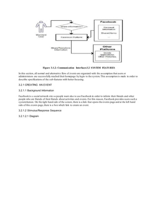 Figure 3.1.2: Communication Interfaces3.2 SYSTEM FEATURES
In this section, all normal and alternative flow of events are organized with the assumption that users or
administrators are successfully reached their homepage by login to the system. This assumption is made in order to
describe specifications of the sub-features with better focusing.
3.2.1 CREATING AN EVENT
3.2.1.1 Background Information
Facebook is a social network site so people want also to use Facebook in order to inform their friends and other
people who are friends of their friends about activities and events.For this reason, Facebook provides users such a
systemfeature. On the right hand side of the screen, there is a link that opens the events page and at the left hand
side of this events page,there is a box which link to create an event.
3.2.1.2 Stimulus/Response Sequence
3.2.1.2.1 Diagram
 