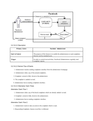 3.2.14.2.2 Description
Primary Actors Facebook Administrator
Goal in Context The purpose of this feature is to enable the administrators to read complaints
that are sent by standard users.
Trigger In order to control useractivities, Facebook Administrators regularly read
complaint reports.
3.2.14.2.3 Normal Flow of Events
1. Administrator reaches reading complaints interface from the administrator homepage.
2. Administrator clicks any of the unread complaints.
3. Complaint content is fully shown to the administrator.
4. The complaint is marked as read.
5. Administrator leaves reading complaints interface.
3.2.14.2.4 Alternative Event Flows
Alternative Event Flow 1:
1. Administrator clicks any of the listed complaints which are already marked as read.
2. Complaint content is fully shown to the administrator.
3. Administrator leaves reading complaints interface.
Alternative Event Flow 2:
1. Administrator wants to take an action to the complaint which is read.
2. Responding Complaints feature event flow is followed.
 