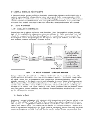 3.1 EXTERNAL INTERFACE REQUIREMENTS
In this section, external interface requirements for userand communication channels will be described in order to
clarify the relationship of this software with other entities and systems.In the first part, user’s interfaces will be
explained with the layout information, textual items and error handling types for two types of users of the system, as
standard users and Facebook administrators. In the second part, communication interfaces of our systemwill be
described in order to explain the relationship with other systems which are sharing information with Facebook.
3.1.1 USER’S INTERFACES
3.1.1.1 STANDARD USER INTERFACE
Standard users shall be using the web browser to use the product. Thus,it shall have a login page and users must
login with their e-mail addresses and passwords.Aftera successful login, they shall be taken to their “News Feed”
which is their homepage thereafter. Since they are logged into the system, there must be logout button and their
Facebook profile names at the top of the page until they logged out of the system. In addition, there shall be Help
menu in order to explain the processes ofFacebook to the users.
Figure 3.1.1.1: Diagram for Standard User Interface of Facebook
Being a social network, a direct link to the list of “Friends” shall be listed in the “Account” menu, located at the
right top,which shall also include “Logout” and “Account and Privacy Settings”.At the top, there shall be “Home”
and “Profile” buttons which are used for linking News Feed and users’own profile respectively. “Search” field
which lets users search for their friends, events,etc. shall be located at the center of the top in the whole processes.
All other features of the systemshall be reachable by menu as a left sidebar such as Events, Photos,Videos, Groups
etc. In the menu, order of these features shall be updated according to their usage levels for the users finally, sub-
functions,such as “Creating Event” which is related to “Events” feature, shall be reachable from the related features
menu. Since standard users can use different types of features, there shall be different interfaces for each of them
and they will be described separately:
A) Creating an Event:
This function’s interface will be a form which contains text fields/areas and check boxes. This form will have a “text
fields” for “Date and Time”, “Name” and “Place” of the event. Optional text fields for ending time will be shown
when user clicks on “Adding End Time” and optional “Street” and “City/Town” will be shown when user clicks on
“Adding Street Address” button.There will be a “text area” which is for “Additional Information”. There will be a
button for selecting guests and when userclicks on this, friends list will be shown to select. Finally there will be two
check boxes for making event “Public Event” and “Showing guest list to others”.In order to send this form, there
 