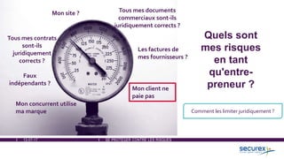 12-07-17 SE PROTÉGER CONTRE LES RISQUES
Quels sont
mes risques
en tant
qu'entre-
preneur ?Mon client ne
paie pas
Les factures de
mes fournisseurs ?
Mon concurrent utilise
ma marque
Mon site ?
Tous mes contrats
sont-ils
juridiquement
corrects ?
Faux
indépendants ?
Comment les limiter juridiquement ?
Tous mes documents
commerciaux sont-ils
juridiquement corrects ?
 