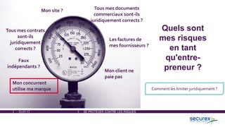 12-07-17 SE PROTÉGER CONTRE LES RISQUES
Quels sont
mes risques
en tant
qu'entre-
preneur ?Mon client ne
paie pas
Les factures de
mes fournisseurs ?
Mon concurrent
utilise ma marque
Mon site ?
Tous mes contrats
sont-ils
juridiquement
corrects ?
Faux
indépendants ?
Comment les limiter juridiquement ?
Tous mes documents
commerciaux sont-ils
juridiquement corrects ?
 
