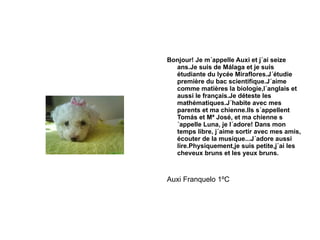 Bonjour! Je m´appelle Auxi et j´ai seize ans.Je suis de Málaga et je suis étudiante du lycée Miraflores.J´étudie première du bac scientifique.J´aime comme matières la biologie,l´anglais et aussi le français.Je déteste les mathématiques.J´habite avec mes parents et ma chienne.Ils s´appellent Tomás et Mª José, et ma chienne s´appelle Luna, je l´adore! Dans mon temps libre, j´aime sortir avec mes amis, écouter de la musique...J´adore aussi lire.Physiquement,je suis petite,j´ai les cheveux bruns et les yeux bruns. Auxi Franquelo 1ºC 
