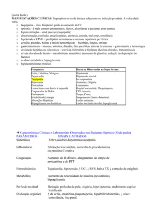 (outra fonte)
MANIFESTAÇÕES CLÍNICAS: Superpõem-se às da doença subjacente ou infecção primária. A velocidade
varia.
o taquipnéia – mais freqüente, junto ao aumento da FC
o apirexia - é mais comum em neonatos, idosos, alcoólatras e pacientes com uremia.
o hiperventilação – sinal precoce (taquipnéia)
o desorientação, confusão, encefalopatias, anorexia, astenia, mal estar, sonolência
o hipotensão e CIVD – predipõem acrocianose e necrose isquêmica periférica
o celulite, pústulas, bolhas e lesões hemorrágicas – bactérias, fungos, toxinas
o gastrointestinais – náuseas, vômitos, diarréia, íleo paralítico, ulceras de estresse – gastrenterite e hemorragia
o disfunção hepática ou colestática – icterícia, bilirrubina e fosfatase alcalina elevadas, transaminases
o níveis elevados de lactato – metabolismo anaeróbico (aumento da glicólise, redução da depuração do
lactato)
o acidose metabólica, hiperglicemia
o hipercatabolismo protéico
 Características Clínicas e Laboratoriais Observadas nos Pacientes Sépticos (Slide paulo)
PARÂMETROS SINAIS E ACHADOS
Sistêmicos Febre,calafrios,hipotermia,taquipnéia
Inflamatório Alteração leucometria, aumento da procalcitonina
ou proteina C reativa
Coagulação Aumento do D-dímero, alargamento do tempo de
protombina e do PTT
Hemodinâmico Taquicardia, hipotensão, ↑ DC, ↓ RVS, baixa TX ↓ extração de oxigênio
Metabólico Aumento da necessidade de insulina (resistência),
hiperglicemia
Perfusão tecidual Redução perfusão da pele, oligúria, hiperlactemia, enchimento capilar
lentificado
Disfunção orgânica ↑ de uréia, creatinina,plaquetopenia, hiperbilirrubinemias, ↓ nível
consciência, lieo paral.
Frequentes Raras ou Observadas na Sepse Severa
Febre, Calafrios, Mialgias
Taquicardia
Taquipnéia
Hipoxemia
Proteinúria
Leucocitose com desvia à esquerda
Corpusculos de Dohle
Eosinopenia
Irritabilidade,Letargia
Alterações Hepáticas
Hiperglicemia em diabéticos
Hipotermia
Hipotensão arterial
Ins.respiratória
Azotemia, Oligúria
Leucopenia,
Reação leucemóide, Plaquetopenia,
CID, Anemia,
Torpor,Coma,
Sangramento Gastro -Intestinal,
Lesões cutâneas,
Lesões no fundo do olho, hipoglicemia
 